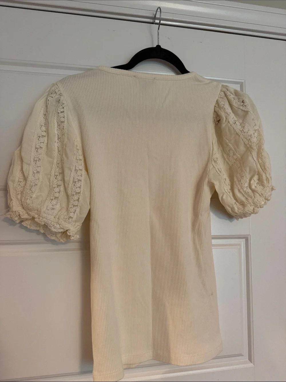 J. Crew Cream Ribbed Top with Lace Puff Sleeves